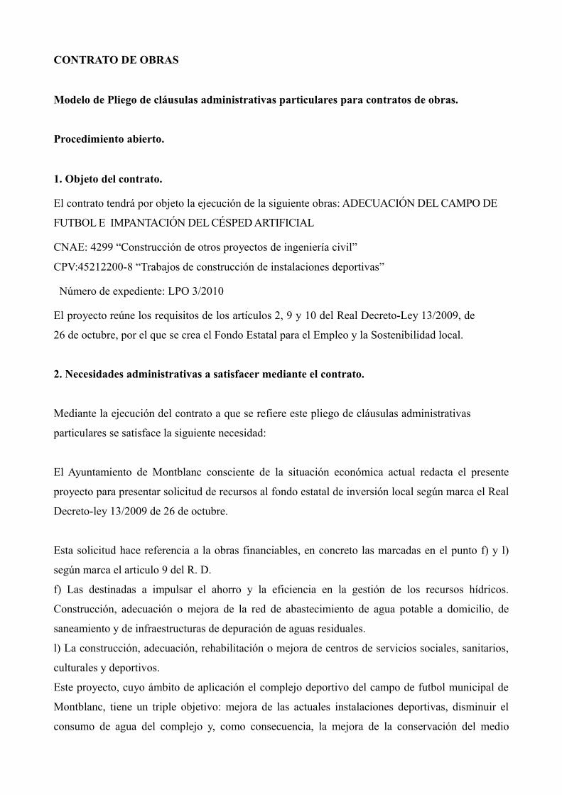 Contrato De Obras Modelo De Pliego De Cláusulas Contrato De Obras